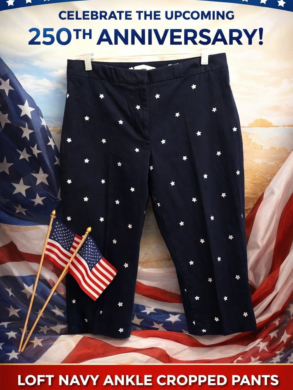 LOFT Navy Ankle Cropped Pants with White Stars. Size 6